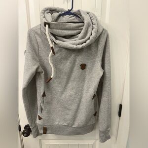 Naketano Gray Cowl Neck Pullover Hoodie Leather Accents - Women’s Size Large